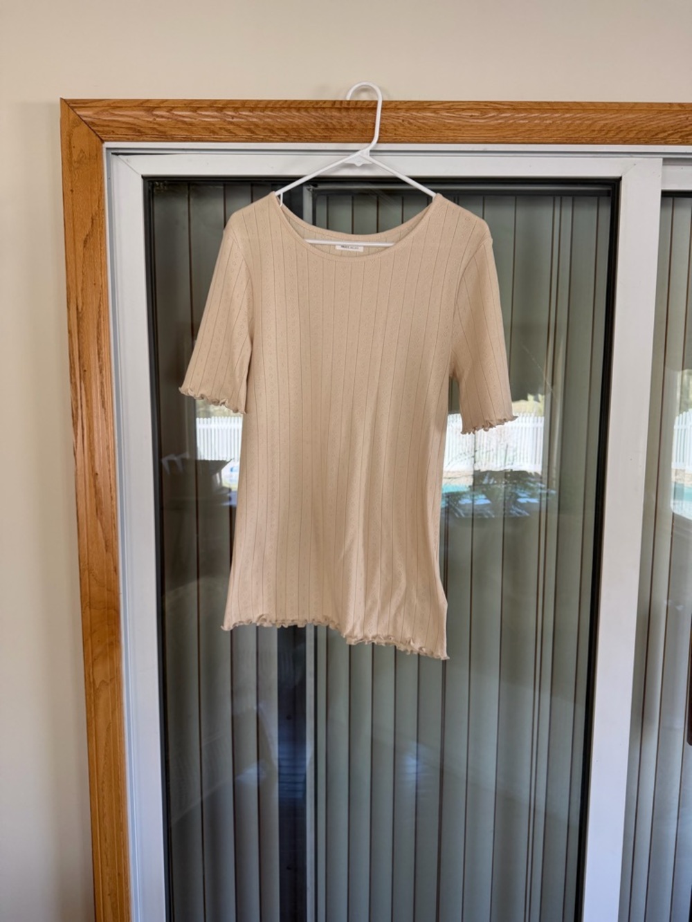 NWOT Skall Studio Pointelle Short-Sleeve Crewneck Top in Light Beige